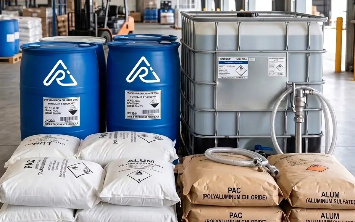 Rudra International chemical drums, IBC tank and bags in a warehouse
